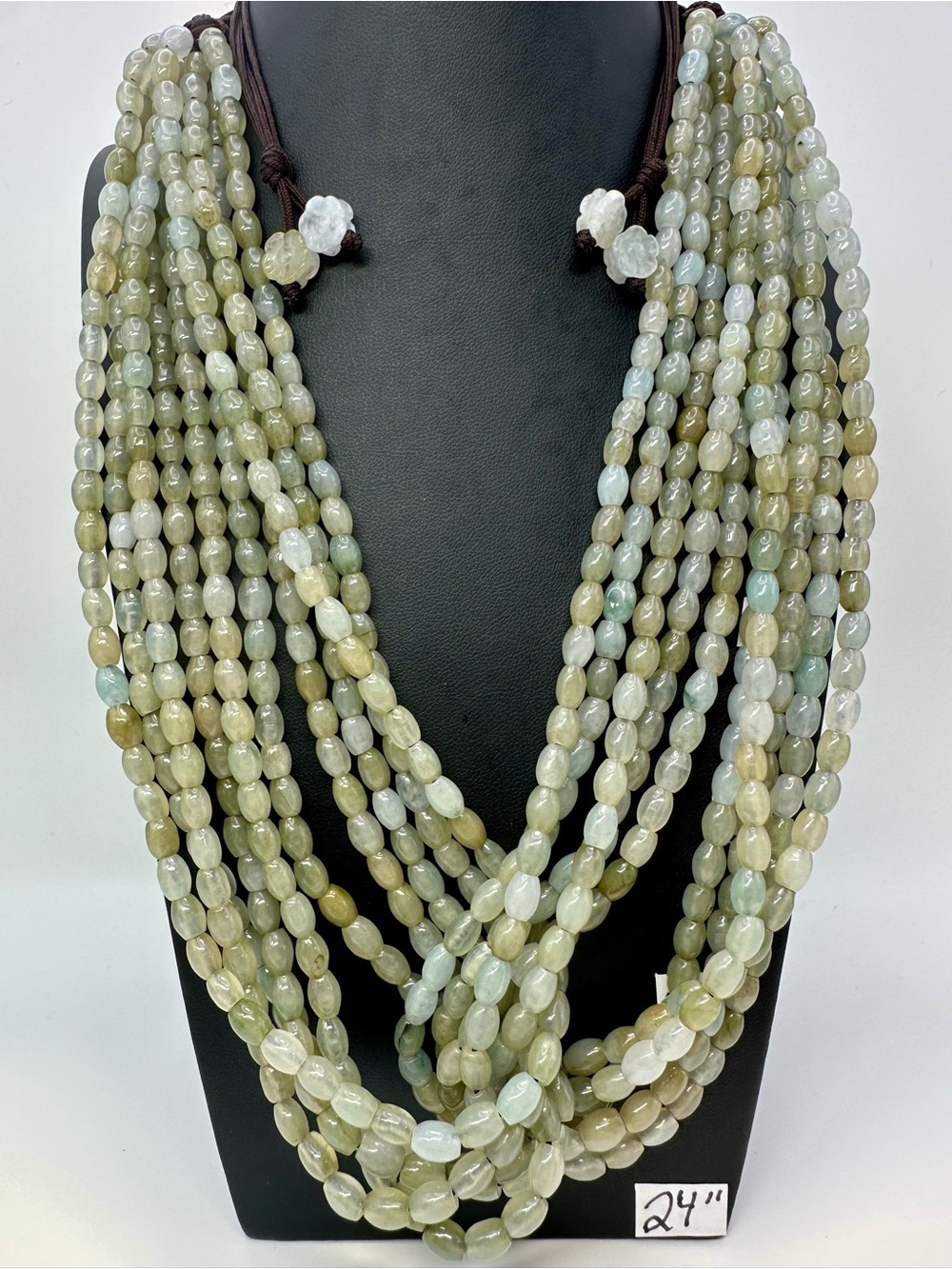 Multi Strand Jade Beaded Necklace Sage Green Olive Celadon Adjustable 10 Strands